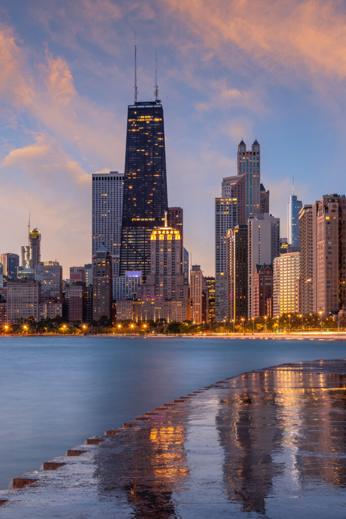 Sunset shot of downtown Chicago skyline off of Lake Michigan.